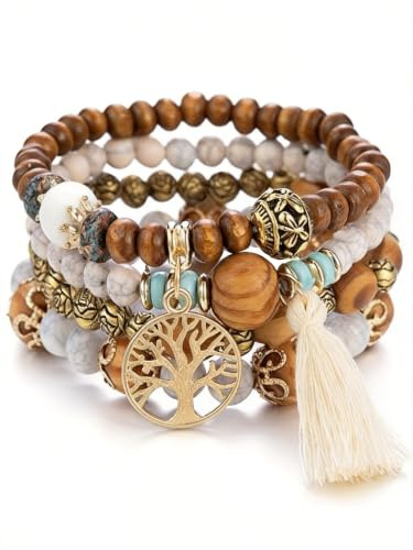 Boho Pack of 4 Bracelets Wooden Beads Tassel, Chakra for Women, Natural Crystal Healing Stones, Women Tree of Life Charm Statement Bangles, Pearl (Milky White)