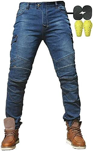 Hombres Pantalones De Motociclismo para Pantalones De Carreras De Motocross con Pantalones Anti Caída,Jeans de Moto, 4 x Equipo de protección (M = 30W / 31L, Azul)