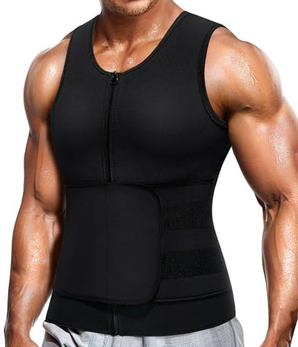 Wonderience Ensemble pour sauna en néoprène pour homme avec gilet réglable à fermeture Éclair et ceinture, noir, Large