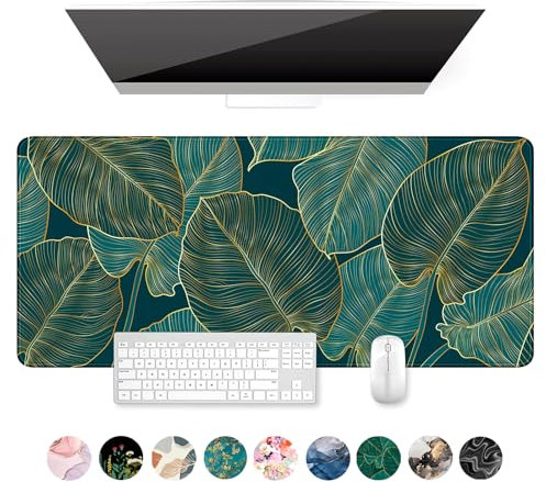 Auhoahsil Desk Mat, Ultra Large Mouse Pad, XXL Gaming Mousepad, Green Tropical Leaves Desk Pad, Big Extended Full Size Mouse Pad, Desktop Desk Matt for Keyboard, Laptop & Computer, 35.5 x 15.7 in