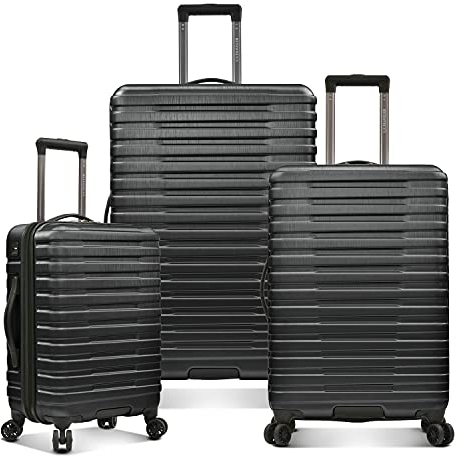 U.S. Traveler Boren Hartschalenkoffer aus Polycarbonat, robust, mit 8 Spinner-Rollen, Aluminiumgriff, Schwarz, 3-Piece Set, USB Port in Carry-On