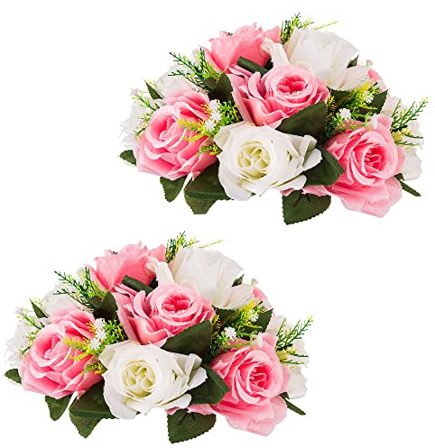 Inweder Hochzeit Blume Kugeln für Herzstücke – 2 Stück Künstliche Blumenkugeln Arrangement Blumenstrauß Gefälschte Blumen Seide Rose Kugeln mit Basis für Raumdekoration Rosa und Weiß