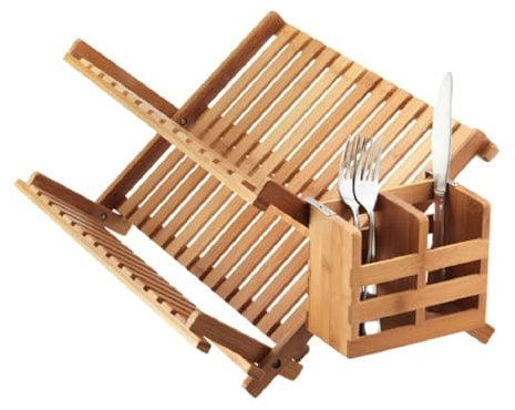 Dish Drainer Drying Rack Folding 2 Tier Drainer Dish Drying Rack with Cutlery Holder Utensils Holder Set Engineered Wood X-shape Easily Foldable Compact and Space Saving Tidy Plates