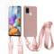 vrupin kompatibel mit Samsung Galaxy A21S Handykette Hülle,[2 Stück Schutzfolie 9H Härte Gehärtete Folie].Necklace Hülle Nylon Schultergurt Weich Flüssiges Silikon-Lotus Farbe