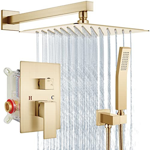Aolemi Duschsystem zur Wandmontage, 30,5 cm, gebürstetes Gold, Duscharmaturen mit Handsprüher, Regenduschkopf, Druckausgleichsventil, Wasserhahnmischer, Badezimmer-Dusch-Kombi-Set