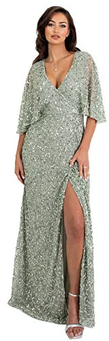 Maya Deluxe Damen Womens Maxi Ladies Sequin Embellished Wrap A-Line Dress for Wedding Guest Bridesmaid Evening Prom Ball Occasion Kleid, Green Lily, 42