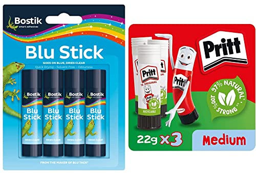 Bostik Blu Stick Glue Sticks, Goes on Blue, Dries Clear, Solvent Free, Washable, 4 x 8g sticks & Pritt Glue Stick, Safe & Child-Friendly Craft Glue for Arts & Crafts Activities, 22 g (Pack of 3)
