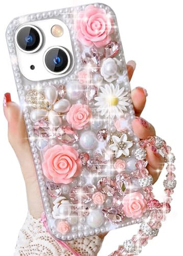 Changjia for iPhone 15 Plus Glitter Bling Case, Cute Luxury 3D Crystal Rhinestone Diamond Sparkle Shiny Gems Flower Pearl with Lanyard Wrist Strap Women Girls Case for iPhone 15 Plus 6.7 inch (Pink)