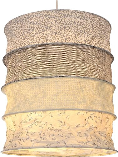 GURU SHOP Runde Boho Papier Hängelampe, Lokta Papierlampenschirm Kailash, Handgeschöpftes Papier - Grau/weiß, 35x28x28 cm