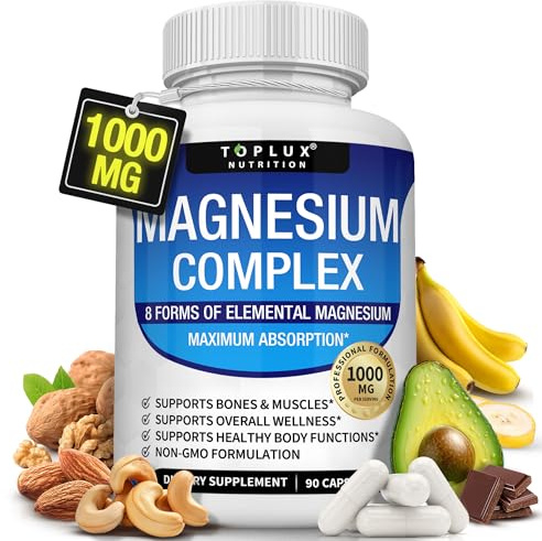 Toplux Magnesium Complex Supplement 8 Elemental - Magnesium Glycinate, Citrate, Malate, Taurate, Chelated for Easy Absorption for Bones, Muscle, Recovery, Energy, Vegan Non-GMO 90 Capsules