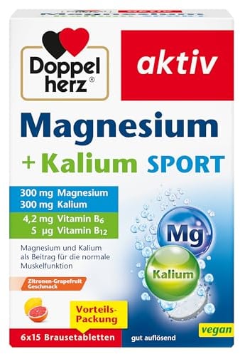 Doppelherz Magnesium + Kalium SPORT Magnesium und Kalium als Beitrag für die normale Muskelfunktion - vegan - 6 x 15 Brausetabletten mit Zitronen-Grapefrucht-Geschmack