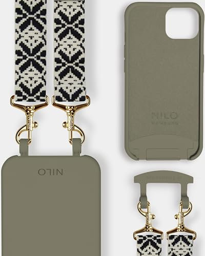 NILO® Set | Handyhülle mit Band, Handyband Black Mattatang mit oliver Handyhülle für IPhone 15 | hochwertige Handykette, verstellbar, mit Karabiner Gold