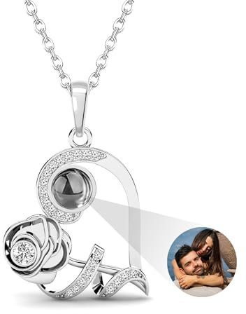 QuanMonei Projection Necklace with Picture Inside 925 Sterling Silver Custom Photo Flower Necklace Personalized Heart Pendant Necklace jewelry Romantic Gifts for Girlfriend Women