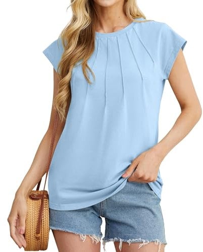 GRECERELLE T Shirts for Women UK, Summer Tops for Ladies UK, Cap Sleeves Casual T-Shirt, Casual Pleated Ladies Summer Tops (Light Blue, L)