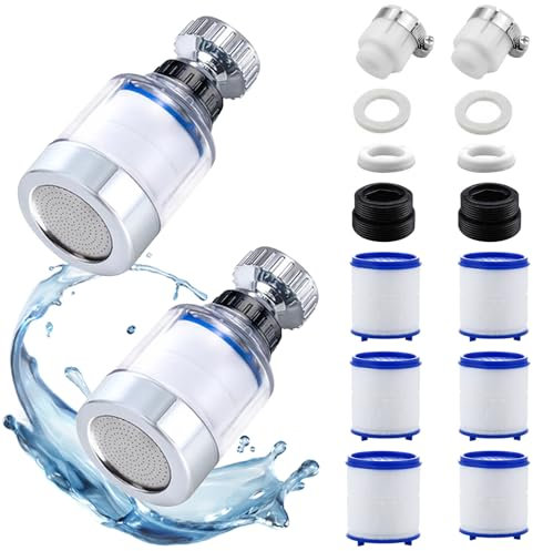 suaywo 2 Pièces Filtre Robinet Anti Calcaire Rotatif À 360° Filtres de Robinet Avec 6 Éléments Filtrants En Coton PP Filtre a eau Robinet Pour Maison, Cuisine, Salle De Bain, L'Évier