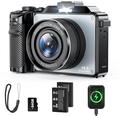 4K 48MP WiFi Digital Camera with 3.0-inch Screen | 18X Optical Zoom & Dual Lens for Front/Rear Shooting | Compact Portable Camera for Vlogging, Travel | Includes 64GB TF Card