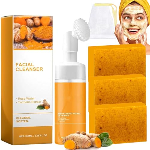HABOHUSE Two Piece Turmeric Care and Wash Set with Turmeric, Face Soap and Facial Cleanser with Brush, Deep Cleansing Exfoliating Foam for Face and Body Care (2.2