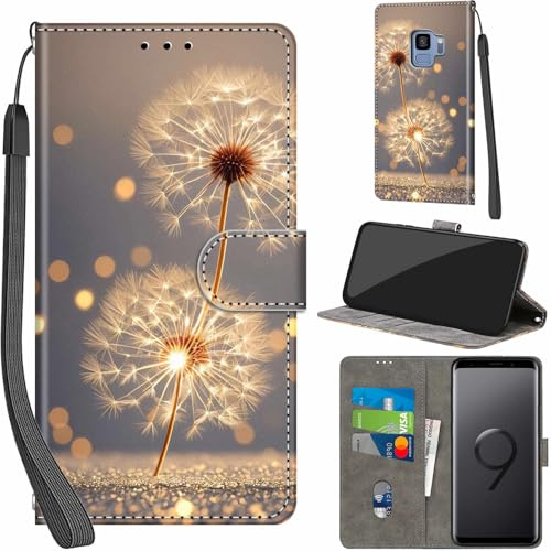 Handyhülle für Samsung Galaxy S9 Hülle Leder Wallet Löwenzahn | 3 Kartenfächer & 1 Geldfach, Magnetverschluss, Ständerfunktion, robuste premium PU leder klapphülle für Samsung S9