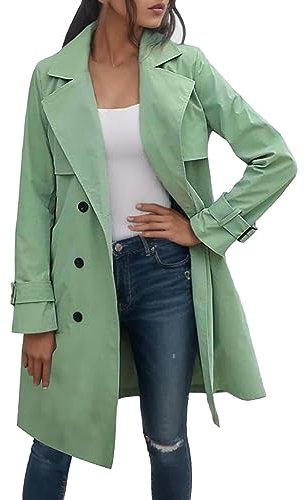 Einfarbiger dünner zweireihiger mit Gürtel versehener Windschutzscheibenmantel für Damen lockerer lässiger Windjackenmantel Daunenjacke Imprägnieren (Green L)