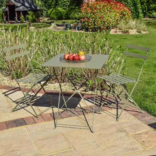 BPS® Deluxe Gartenbistro-Set | Metall-Gartentisch und -Stühle | 2-teiliges Terrassenmöbel-Set | Robust | 3-teiliger Klapptisch mit Stühlen | Olivgrün, quadratisch