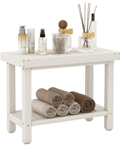 COSTWAY Sgabello da Doccia a 2 Livelli, Panca da Bagno Impermeabile con Piedini Antiscivoli, Design a Stecche, Sgabello Versatile con Carico 150 kg, 61 x 31 x 49 cm (Bianco)