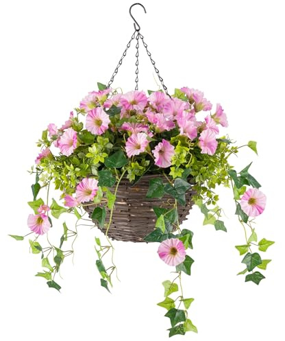 CHRISTOW Artificial Petunia Hanging Basket, 30cm, Gypsophila & Ivy, Pink | Ready to Hang Wicker Basket, Realistic Petunias, UV-Protected Foliage, Triple Steel Hanging Chain with Hook