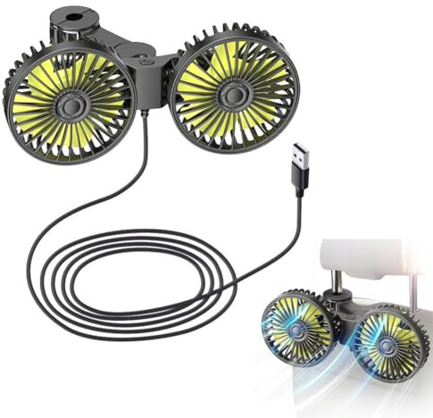 USB Auto Ventilator Rücksitz, 360° KFZ Kühlventilator, Verstellbare Doppelkopf Luftventilatoren, Tragbare Ventilatoren für Auto, 3-Gang mini Lüfter, 12V AKKU Air Fan, für Wohnmobil Boot Wohnwagen
