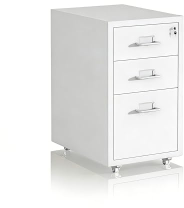 Relaxdays Rollcontainer, 3 Schubladen, HxBxT: 45,5 x 28 x 41 cm, abschließbar, Aktenschrank auf Rollen, Metall, weiß