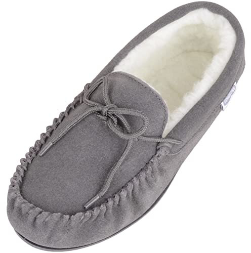 SNUGRUGS Damen Clara Low-Top Lammwolle Mokassin Hausschuhe, Grau - grau - Größe: 40 EU