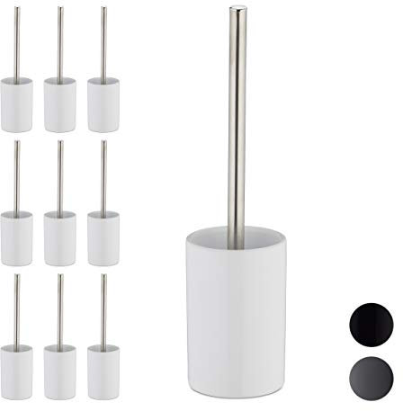 Relaxdays 10 x WC-Garnitur Keramik, WC-Bürstenhalter mit Toilettenbürste, wechselbarer Bürstenkopf, freistehend, 36 cm, weiß