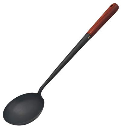 Traditional Hand Forged Wok Ladle, Chinese Egg Dumpling Fry Ladle Iron Spoon for Stir-Fry with Wooden Handle, 15.4 Inch Long