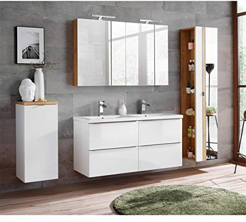 Lomadox Komplett Badmöbel Set mit Doppel-Waschtisch 120cm aus Keramik 120cm, Hochglanz weiß & Wotaneiche, inkl. LED-Spiegelschrank