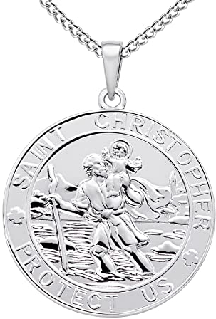 FJ Heiliger Christophorus Kette Herren Damen 925 Sterling Silber Heiliger Christophorus Anhänger Halskette St Christopher Schmuck für Frauen Männer 24 Kette (Runde)