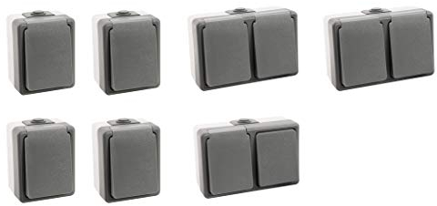 MC POWER - Set de montaje en superficie húmeda | SECURE | taller | 7 piezas, 1 x caja combinada, 2 x enchufes dobles, 4 x enchufes, gris, IP44