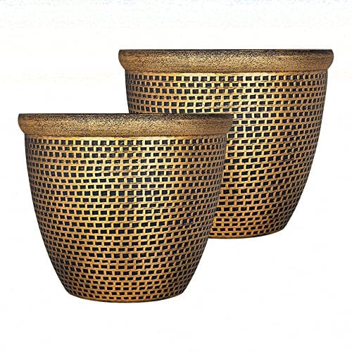 SG Traders 2 X Large Plastic Round Cromarty Plant Pots Flower Pot Planter Garden Decoration Gold 30cm Plant Pot Outdoor Flower Pots Outside Garden Planters Outdoor With Drainage Holes