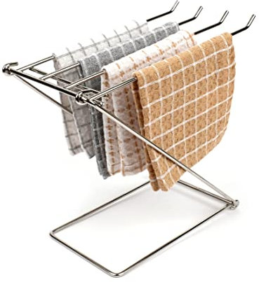 LENITH Stainless Steel Washcloth Holder Dish Rag Cloth Holder, 4 Arms Folding Towel Drying Rack for Kitchen countertop Bathroom, Hand Towel Stand Rack, Silver