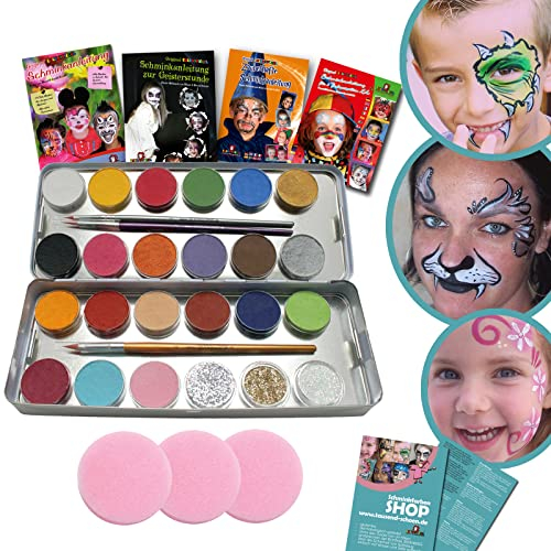 Großes Schminkfarben Set, Eulenspiegel Kinderschminke, 21 Farben, 3 x Glitzer, 3 x Pinsel, Schwamm, Schminkhefte, Deutsches Produkt