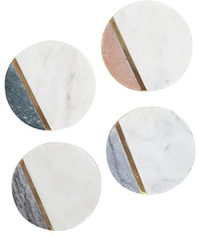 GoCraft Runde Marmor-Untersetzer für Getränke – Set mit 4 handgefertigten modernen Untersetzern – mehrfarbige Marmor-Untersetzer mit goldfarbenem Messing-Inlay für Ihre Getränke und Wein-/Bargläser