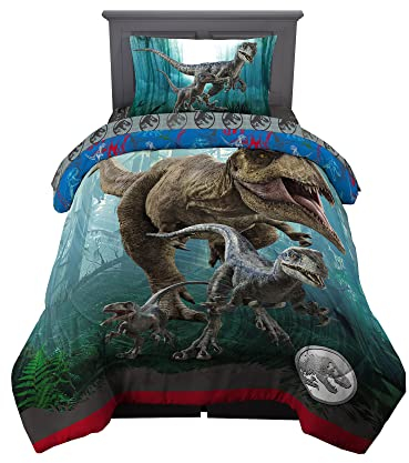 Franco Jurassic World Dominion Blue Velociraptor und Rexy T-Rex Superweiche Mikrofaser Wendedecke Twin Size Bettwäsche Kids