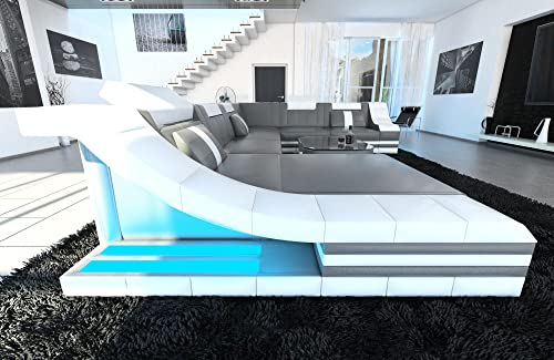 Wohnlandschaft Turino XXL Sofa in Leder - mit LED Beleuchtung, verstellbare Kopfstützen, Recamiere/Lederfarben wählbar/Ausrichtung wählbar (Ottomane Links, Grau-Weiß)