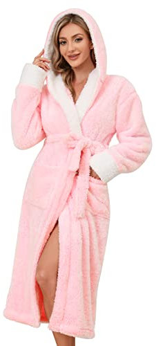 UMIPUBO Accappatoio Donna Vestaglia Donna Invernale Pile Morbido Accappatoio con Cappuccio Pyjama Kimono Camice da Notte con 2 tasche, Morbido Loungewear Vestaglia da Camera (Rosa, XL)