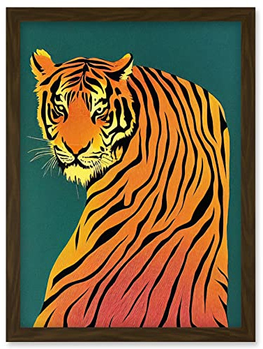 Wee Blue Coo Modern Tiger Portrait on Teal Orange Bold Artwork Framed Wall Art Print A4
