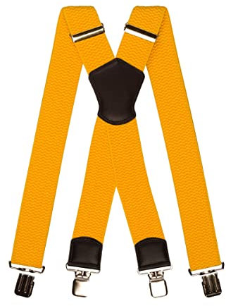 Olata Extra Breite Herren Hosenträger X-Form Metall Clip mit Schwarz Leder – 5 cm. Gelb (Silber Clips)