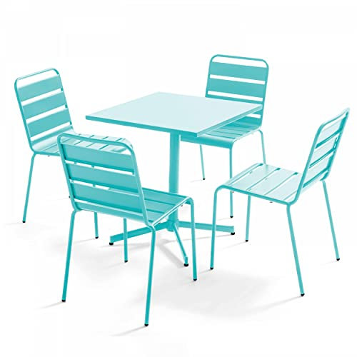 Oviala Palavas – quadratischer Tisch 70 cm – Tischplatte mit neigbarer Tischplatte und 4 Stühlen, Türkis