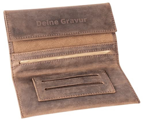 Premium Tabaktasche aus Leder mit Gravur - Tabakbeutel mit Magnetverschluss - Double-Paper- & Filterfach - Drehertasche aus Handarbeit (Vintage Braun)
