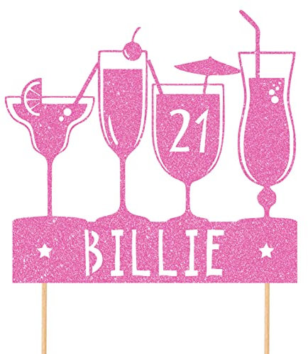 Personalised Cocktail Happy Birthday Glitter Cake Topper by Cakeshop | Custom Colour Any Age/Name Vodka Gin Booze Drinks Cake Decoration for 18th 19th 20th 21st 30th 40th 50th 60th Baby Pink