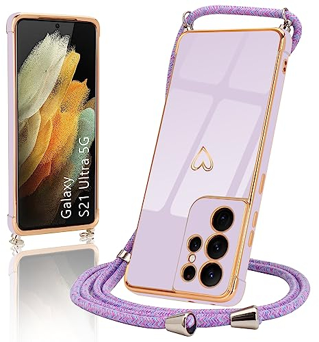 Micoden Handykette kompatibel mit Samsung Galaxy S21 Ultra 5G hülle Ultra dünn Kameraschutz Herz Design Galvanik Silikon Bumper Abnehmbar Kordel zum Umhängen Handyhülle mit Band Schutzhülle,Lila