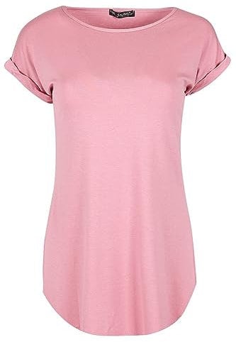 Ladies Curved Hem Jersey Plain Top Womans Round Neck Turn Up Cap Sleeve T Shirt (18, Rose Pink)