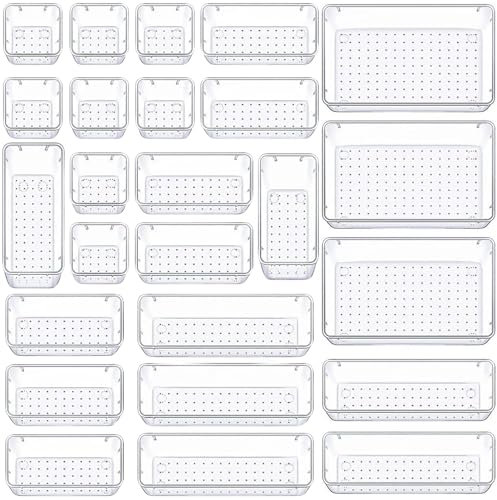 Panzy Home 25 Pcs Drawer Organiser Clear Desk Drawer Organisers Trays Makeup Drawer Divider Clear Plastic Storage Boxes for Bathroom Cosmetics Kitchen Office Stationery