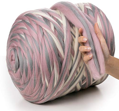 MeriWoolArt® Laine XXL 100 % mérinos, épaisseur 4 à 5 cm, pour feutrage humide ou à sec, pour tricoter une couverture épaisse avec les bras, laine pour couverture de bébé, rose/acier chiné, 250 g